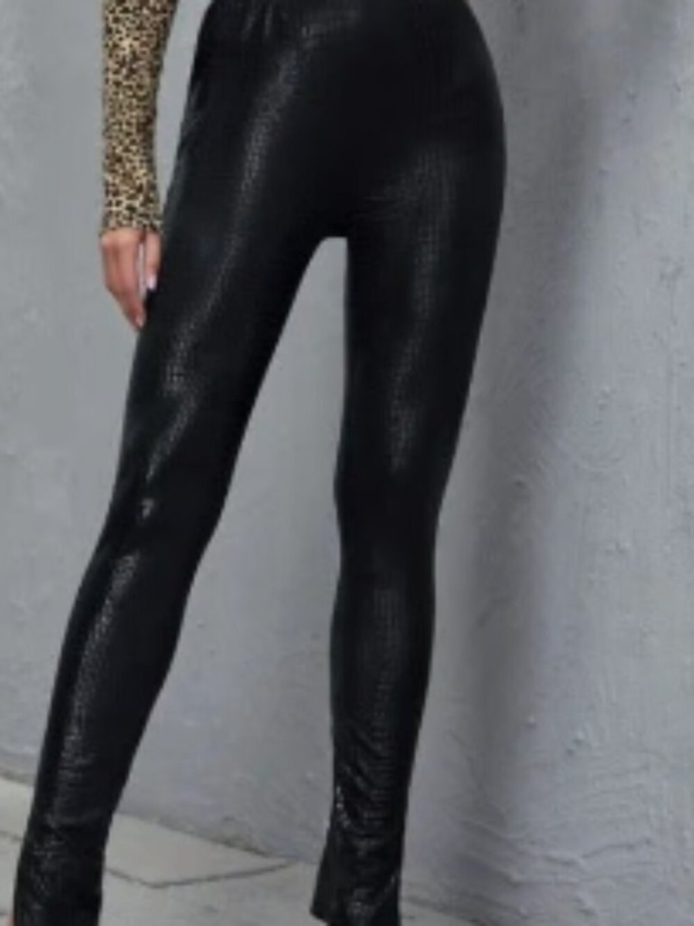 Split Hem Crocodile Embossed Fitted Pants